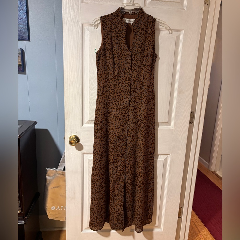 Maggy London Brown & Black Leopard Print Button Front Maxi Dress 4 (runs small)